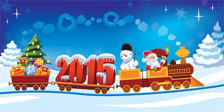 simsearch:400-07795877,k - New Year 2015 and Santa Claus in a toy train with gifts, snowman and christmas tree. Stock Photo - Budget Royalty-Free & Subscription, Code: 400-07796302
