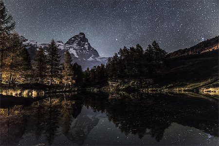 Matterhorn and Blue Lake in an autumn night with starry sky Stock Photo - Budget Royalty-Free & Subscription, Code: 400-07796605