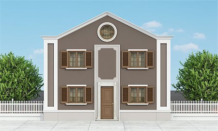 pilastra - Classic house on a street with the back garden -3D rendering Foto de stock - Royalty-Free Super Valor e Assinatura, Número: 400-07796788