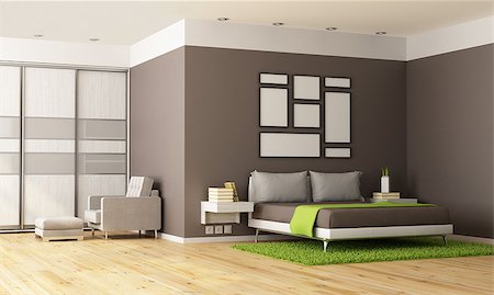 simsearch:400-07796866,k - Brown and green contemporary bedroom - 3D Rendering Stock Photo - Budget Royalty-Free & Subscription, Code: 400-07796866