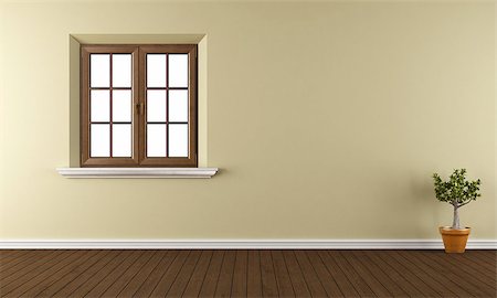 Empty room with wooden window, parquet floor and plant - 3D Rendering Stockbilder - Microstock & Abonnement, Bildnummer: 400-07796870