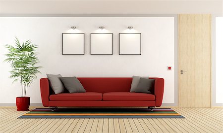 simsearch:400-07796866,k - Modern living room with red couch and wooden closed door - 3D Rendering Stock Photo - Budget Royalty-Free & Subscription, Code: 400-07797415