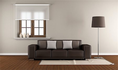 simsearch:400-07796866,k - Modern Living room with wooden window and brown sofa on wooden floor - 3D Rendering Stock Photo - Budget Royalty-Free & Subscription, Code: 400-07797413