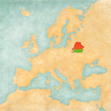 Belarus (belarusian flag) on the map of Europe. The Map is in vintage summer style and sunny mood. The map has a soft grunge and vintage atmosphere, which acts as watercolor painting on old paper. Stockbilder - Microstock & Abonnement, Bildnummer: 400-07797532
