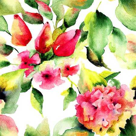 simsearch:400-08043408,k - Seamless wallpaper with original beautiful flowers, Watercolor painting Stock Photo - Budget Royalty-Free & Subscription, Code: 400-07792286