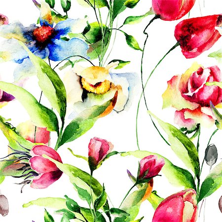 simsearch:400-07444676,k - Seamless wallpaper with Stylized flower, watercolor illustration Photographie de stock - Aubaine LD & Abonnement, Code: 400-07792301