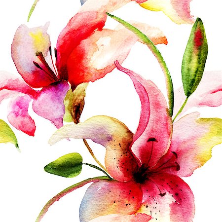 simsearch:622-06369970,k - Seamless pattern with Original Lily flower, watercolor illustration Stock Photo - Budget Royalty-Free & Subscription, Code: 400-07792318