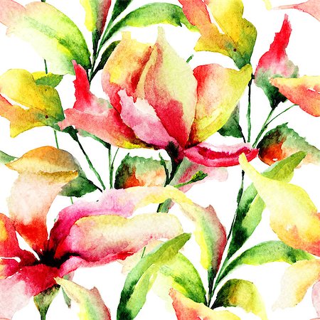 simsearch:622-06369970,k - Seamless pattern with Original Lily flower, watercolor illustration Stock Photo - Budget Royalty-Free & Subscription, Code: 400-07792311