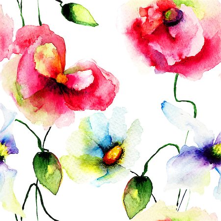 simsearch:400-07245386,k - Seamless wallpaper with Daisy and Poppy flowers. Watercolor illustration Stockbilder - Microstock & Abonnement, Bildnummer: 400-07792344