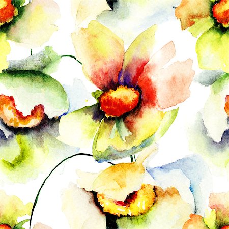 simsearch:400-08043408,k - Seamless wallpaper with summer flowers, Watercolor painting Stock Photo - Budget Royalty-Free & Subscription, Code: 400-07792365