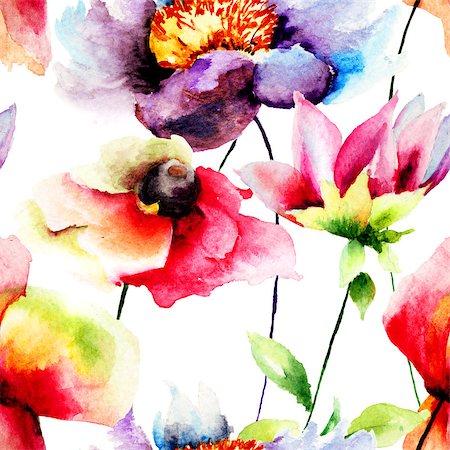 simsearch:400-07444676,k - Summer seamless pattern with flowers, watercolor illustration Photographie de stock - Aubaine LD & Abonnement, Code: 400-07792379