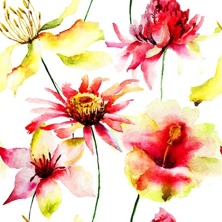 simsearch:400-07444676,k - Seamless wallpaper with Beautiful flowers, watercolor illustration Photographie de stock - Aubaine LD & Abonnement, Code: 400-07792386