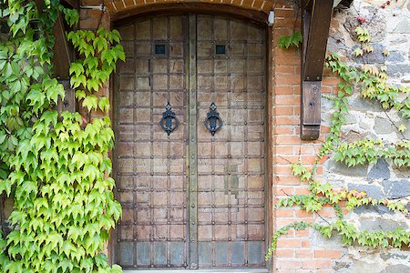 front door closed inside - Old door in a stone wall covered with wild grapes. Stock Photo - Budget Royalty-Free & Subscription, Code: 400-07792544