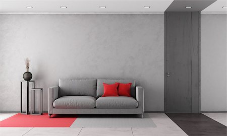 Contemporary living room with gray sofa and closed door - rendering Stock Photo - Budget Royalty-Free & Subscription, Code: 400-07792551