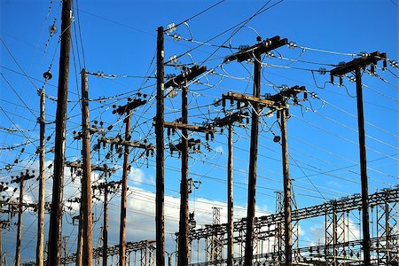 simsearch:400-07572493,k - Many wooden electricity posts at a power distribution station Stock Photo - Budget Royalty-Free & Subscription, Code: 400-07792751