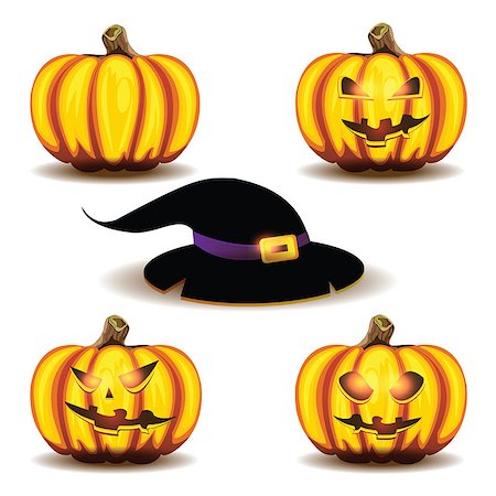 simsearch:400-04228432,k - Halloween pumpkins and hat isolated on white background. Foto de stock - Royalty-Free Super Valor e Assinatura, Número: 400-07817246