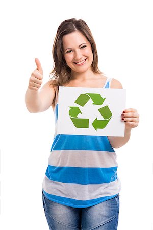 simsearch:400-05738922,k - Beautiful young woman holding a paper card with the recycling symbol, isolated over white background Stockbilder - Microstock & Abonnement, Bildnummer: 400-07817926