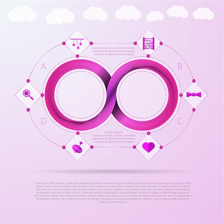 Pink infinity sign with silhouette baby things signs around. Vector infographic with Mobius ribbon and place for your text. Fotografie stock - Microstock e Abbonamento, Codice: 400-07818086