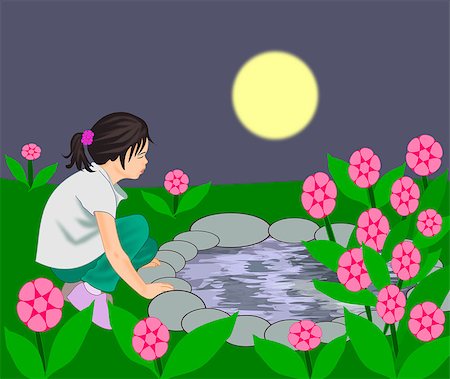 A little girl sitting by a pond in a flower garden. Stock Photo - Budget Royalty-Free & Subscription, Code: 400-07818229