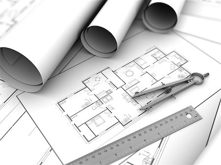 simsearch:400-06098950,k - 3d illustration of house plan blueprints and caliper Photographie de stock - Aubaine LD & Abonnement, Code: 400-07818652