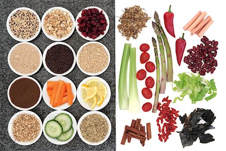 simsearch:400-08429907,k - Large weight loss health food selection in porcelain bowls over marble and white background. Fotografie stock - Microstock e Abbonamento, Codice: 400-07818671