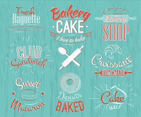 Bakery characters in retro style lettering donuts, croissants, macaron, stylized in retro style sixties Stock Photo - Budget Royalty-Free & Subscription, Code: 400-07818816