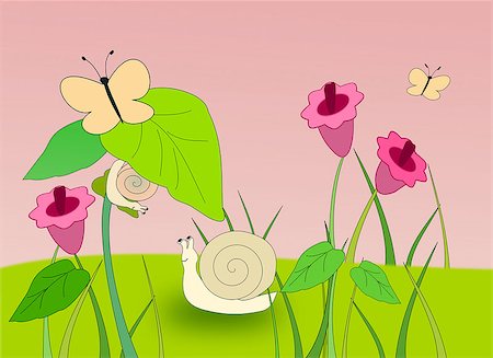 simsearch:400-05913273,k - Snails and butterflies in a meadow of flowers. Fotografie stock - Microstock e Abbonamento, Codice: 400-07819018