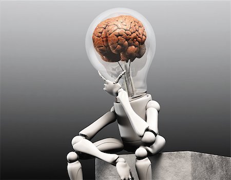 a lamp character with a human brain into his bulb light is sitting on squared stone and has his left hand under his chin how to think to solve a problem, on a dark grey background Fotografie stock - Microstock e Abbonamento, Codice: 400-07819704