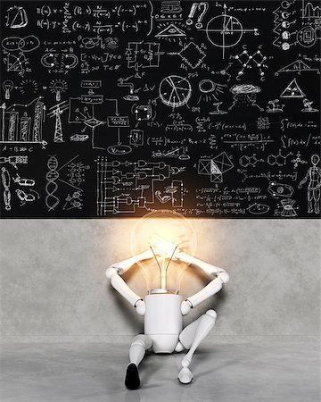 draw light bulb - a seated relaxed lamp character with the bulb light switched on is leaning to the wall, over him there is a blackboard that shows many solutions and ideas for many things written with a chalk Foto de stock - Super Valor sin royalties y Suscripción, Código: 400-07819707