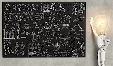 draw light bulb - a standing lamp character with the bulb light switched on is leaning against the wall next to a blackboard as to show many solutions and ideas for many things which are written with a chalk Foto de stock - Super Valor sin royalties y Suscripción, Código: 400-07819708