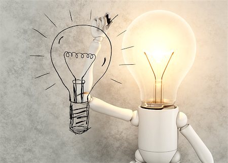 draw light bulb - a lamp character with the bulb light switched on is drawing a lamp bulb with a black marking pen on a piece of glass placed in front of him as to show an idea, on a gray abstract background Foto de stock - Super Valor sin royalties y Suscripción, Código: 400-07819702
