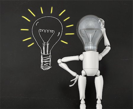 draw light bulb - a lamp character without any ideas with the bulb light switched off looks at a lamp bulb with yellow lighting marks drawn on a blackboard placed in front of him, making him perplexed Stock Photo - Budget Royalty-Free & Subscription, Code: 400-07819703