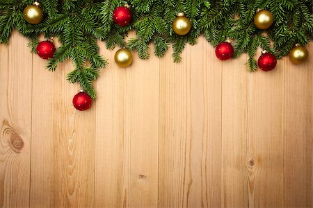 Christmas background with fresh firtree and  baubles on wood - horizontal Stock Photo - Budget Royalty-Free & Subscription, Code: 400-07819784