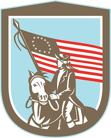 simsearch:400-06891855,k - Illustration of an American revolutionary soldier military serviceman riding a horse holding USA stars and stripes flag set inside shield crest on isolated background done in retro style. Fotografie stock - Microstock e Abbonamento, Codice: 400-07819877