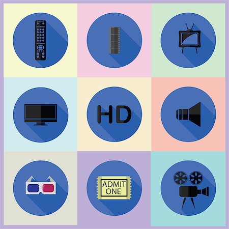 projector light in a movie theatre - colorful illustration with set of media flat icons Stock Photo - Budget Royalty-Free & Subscription, Code: 400-07824031