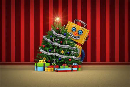 simsearch:400-07511289,k - Yellow toy robot standing behind a nicely decorated christmas tree with presents Fotografie stock - Microstock e Abbonamento, Codice: 400-07824317