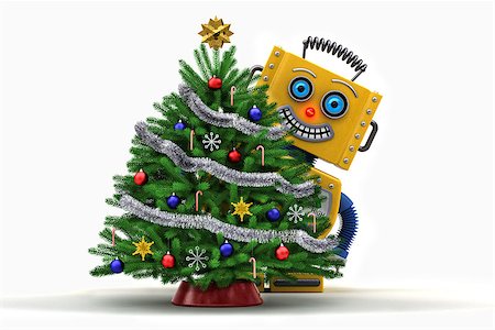 simsearch:400-07301158,k - Yellow toy robot standing behind a christmas tree smiling over white background Fotografie stock - Microstock e Abbonamento, Codice: 400-07824318