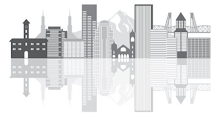 simsearch:400-07509093,k - Portland Oregon Outline Silhouette with City Skyline Downtown Panorama GrayscaleReflection Isolated on White Background Illustration Stock Photo - Budget Royalty-Free & Subscription, Code: 400-07824476