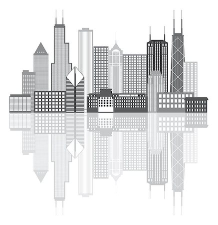 Chicago Illinois City Skyline Panorama Grayscale Outline Silhouette with Reflection Isolated on White Background Illustration Foto de stock - Super Valor sin royalties y Suscripción, Código: 400-07824472