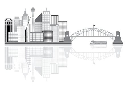 simsearch:400-06093657,k - Sydney Australia Skyline Landmarks Harbour Bridge Grayscale with Reflection Isolated on White Background Illustration Stock Photo - Budget Royalty-Free & Subscription, Code: 400-07824480