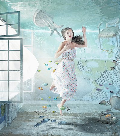 seawater - the young beautiful girl underwater in the flooded interior. creative concept Stock Photo - Budget Royalty-Free & Subscription, Code: 400-07824552