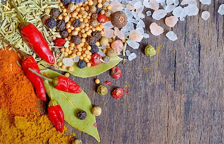simsearch:400-08053136,k - Colorful spices and herbs frame on a wooden background. Photographie de stock - Aubaine LD & Abonnement, Code: 400-07824758