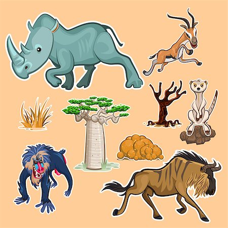 escova (artist) - Collection Sets of African Animals and Tree including rhinoceros mandrill baboon gazelle meerkat wildebeest baobab and African trees Stockbilder - Microstock & Abonnement, Bildnummer: 400-07825175