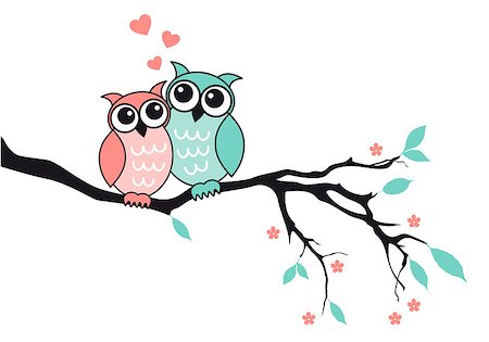 simsearch:400-09089375,k - Cute owl couple sitting on tree branch, vector illustration Fotografie stock - Microstock e Abbonamento, Codice: 400-07825324