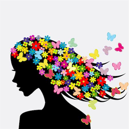 female silhouette in the wind - Beautiful woman profile silhouettes with flowers and butterflies in her hair Stock Photo - Budget Royalty-Free & Subscription, Code: 400-07825741