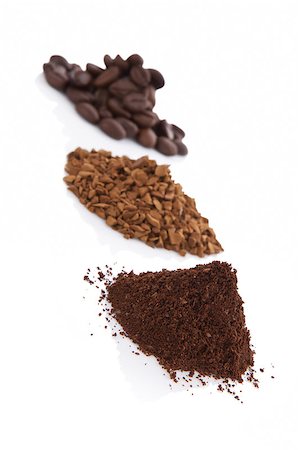 Coffee variation. Ground coffee, coffee beans and soluble coffee in piles isolated on white background. Culinary coffee drinking background. Stock Photo - Budget Royalty-Free & Subscription, Code: 400-07825788