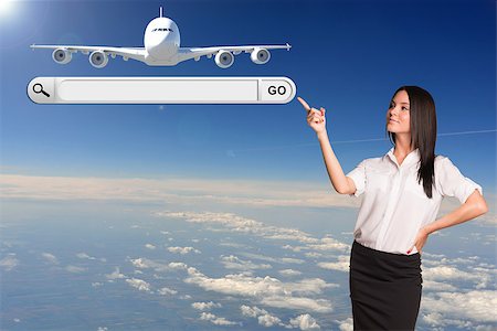 Businesswoman pointing her finger in search string. Passenger airplane in sky as backdrop Photographie de stock - Aubaine LD & Abonnement, Code: 400-07826039