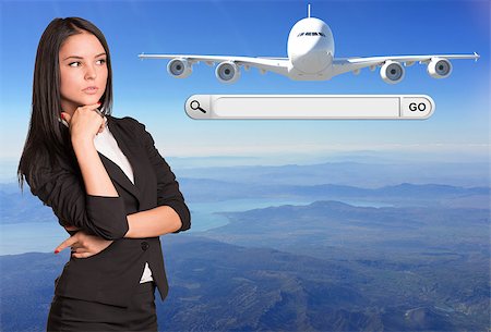 Thoughtful businesswoman and search string with passenger airplane. Sky as backdrop Photographie de stock - Aubaine LD & Abonnement, Code: 400-07826040