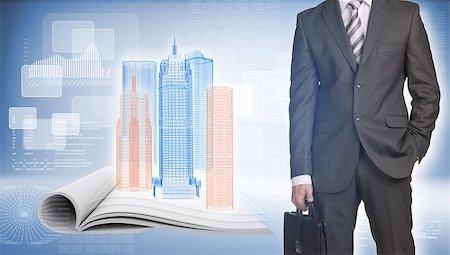 empty suitcase - Businessman in suit stands and holds suitcase. Glowing wire-frame buildings on open empty book as backdrop Foto de stock - Super Valor sin royalties y Suscripción, Código: 400-07826050