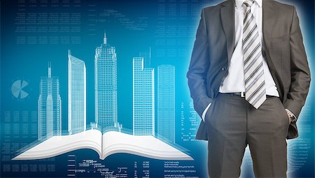 person holding their empty pockets - Businessman in suit standing and holds hands in pockets. Glowing wire-frame buildings on open empty book as backdrop Stock Photo - Budget Royalty-Free & Subscription, Code: 400-07826216